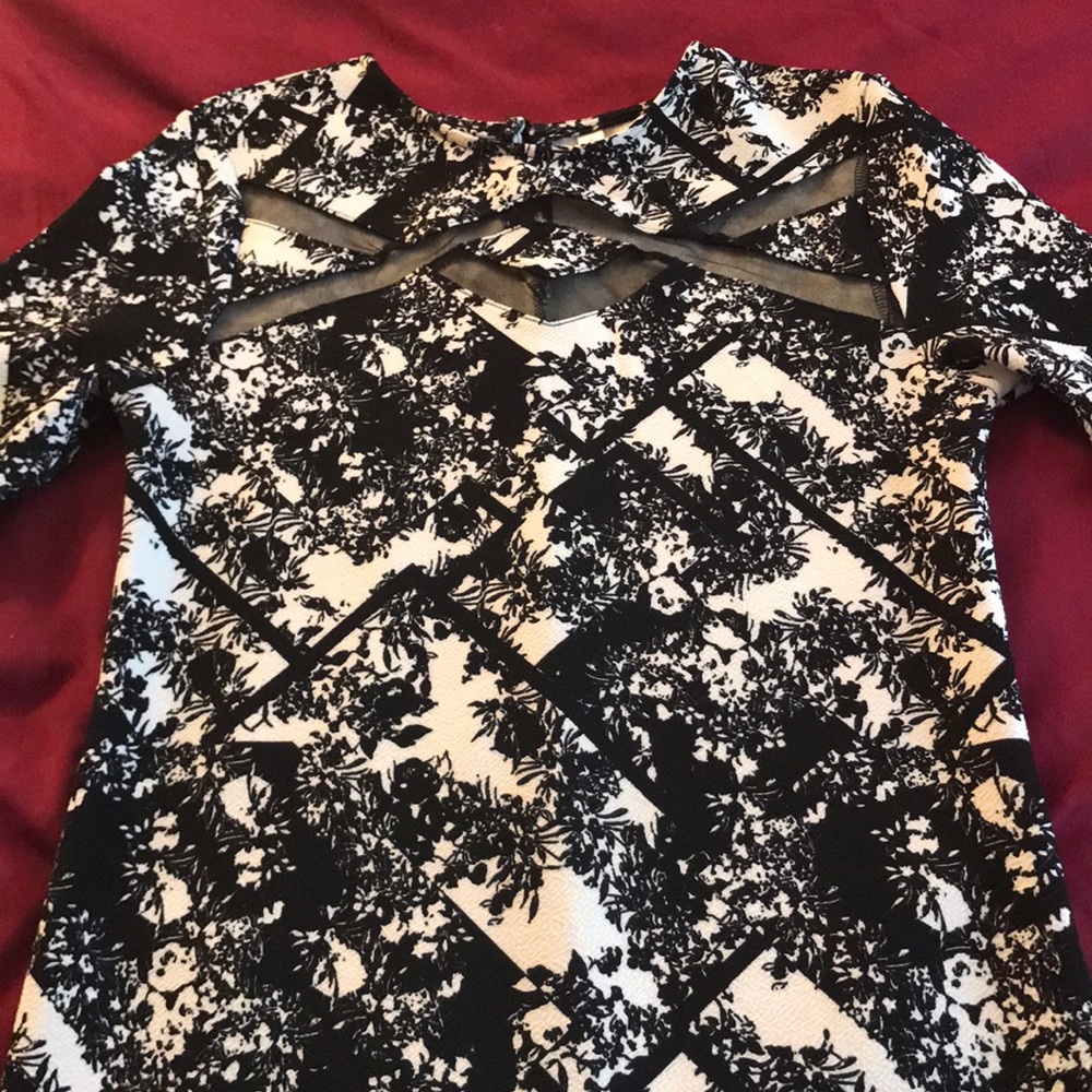 Black and white printed dress with mesh detail